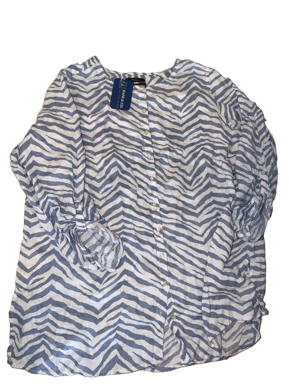 Tahari 100% Linen Button Front Top Blouse Animal Print Blue Tunic 1X(AY9)